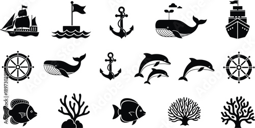 A collection of nautical icons in silhouette mode on a white background