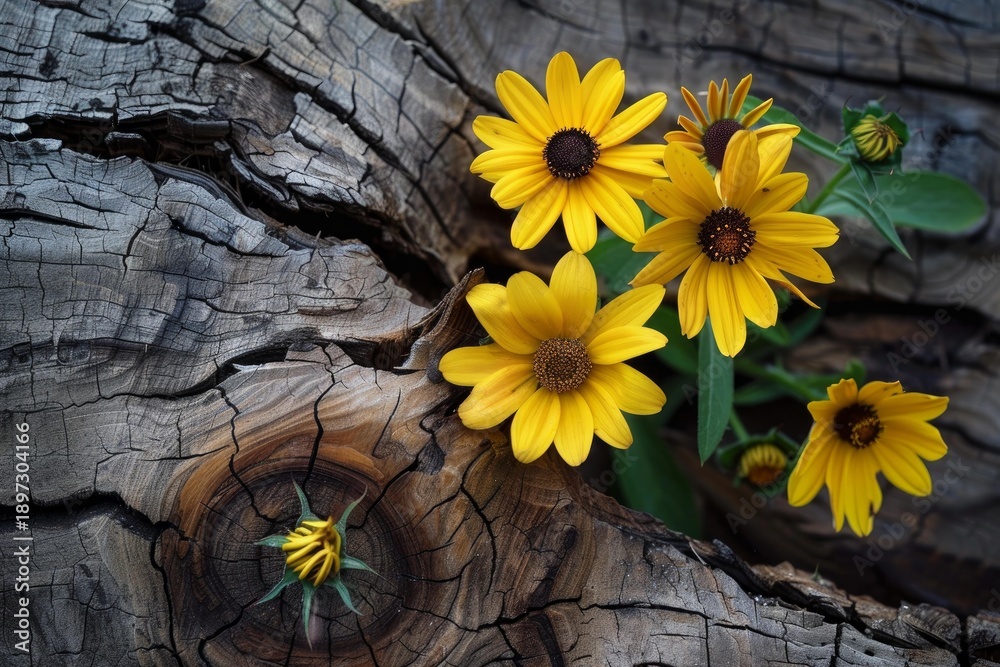 Fototapeta premium Close up of vibrant yellow flowers thriving on a weathered tree trunk, showcasing the beauty of nature's resilience