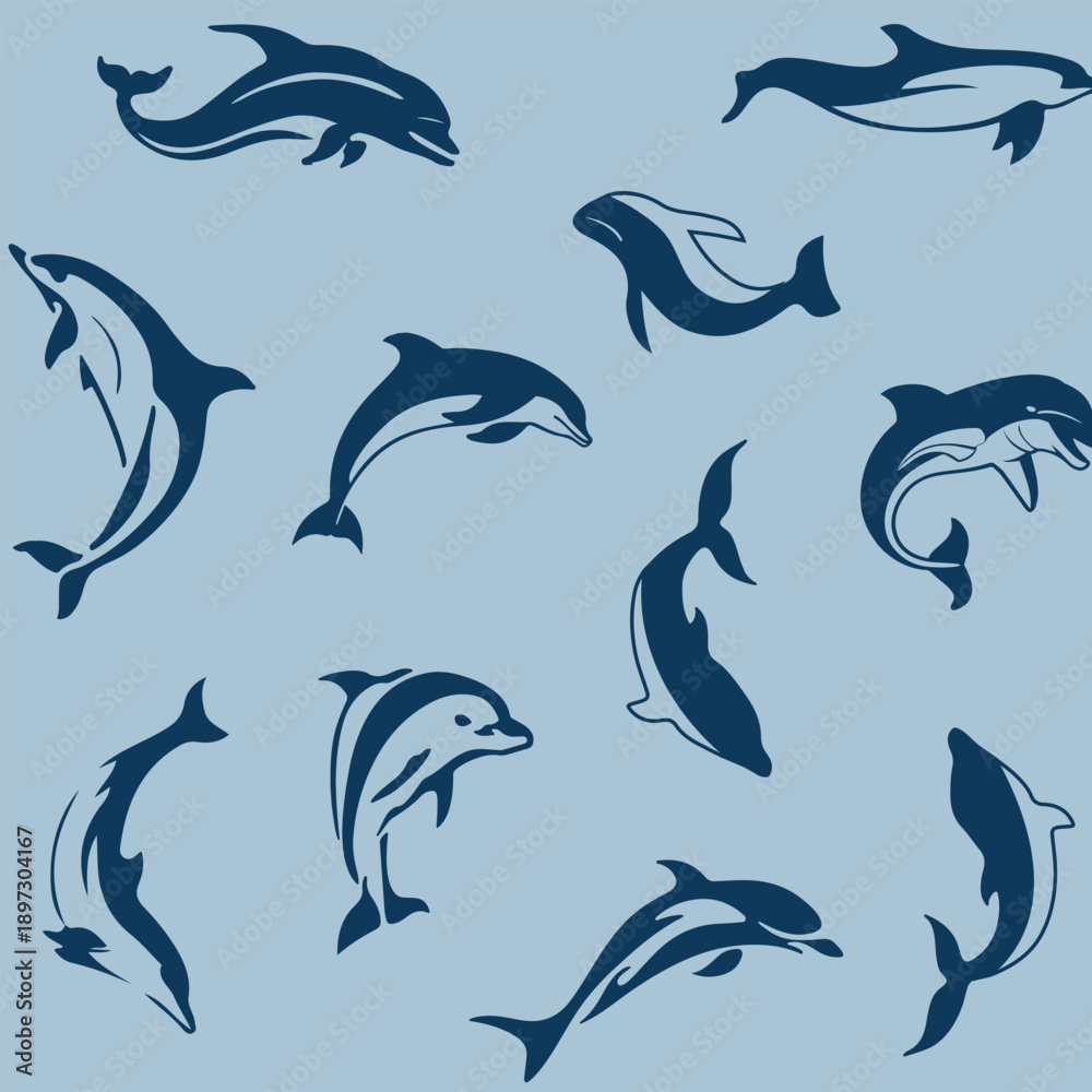 Fototapeta premium Dolphin silhouette marine life for textile prints for fabric, seamless pattern on blue background