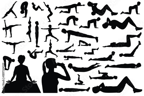 Fitness Exercise Silhouettes Set on White Background