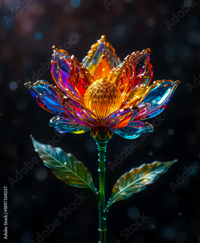 Crystal lotus flower intricate glass design colorful petals sparkling highlights bokeh