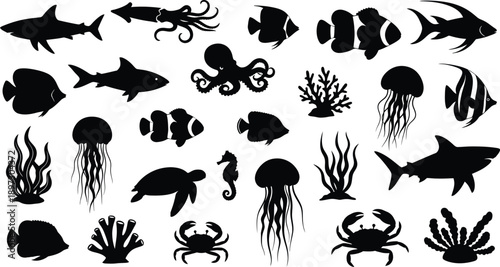 A collection of ocean creatures in silhouette mode against a white background
