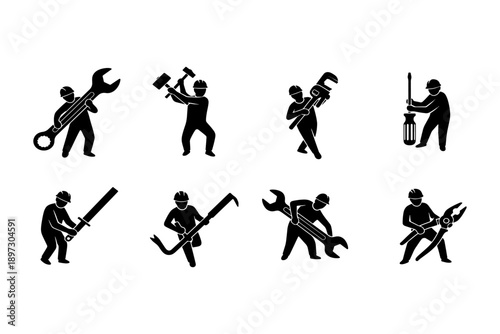 Set of Black Silhouettes of People with Hand Tools Vector Icon Collection