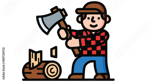 Cartoon lumberjack character chopping wood with an axe, illustrating forestry, woodworking, and manual labor tasks. Simple vector icon of a man splitting logs.