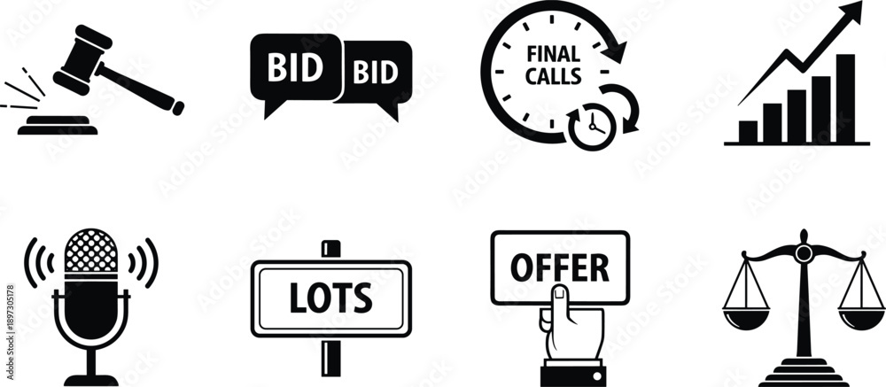 Obraz premium Auction icons, bidding symbols, gavel, final calls, offer button, fairness scale, microphone, lots sign, commerce, law, business, trade, sale, bid