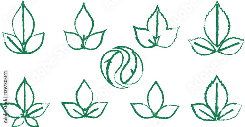 Three green and white house silhouettes with leafy surroundings