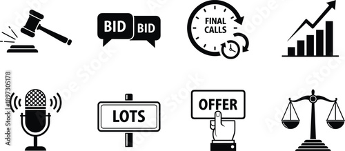 Auction icons, bidding symbols, gavel, final calls, offer button, fairness scale, microphone, lots sign, commerce, law, business, trade, sale, bid