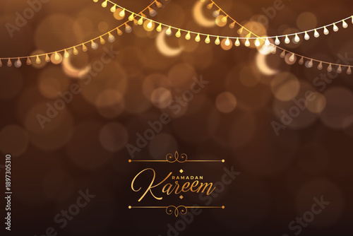 Ramadan Kareem Greeting Design with Hanging Crescent Moons, Decorative Lights, and Elegant Typography on Brown Bokeh Background