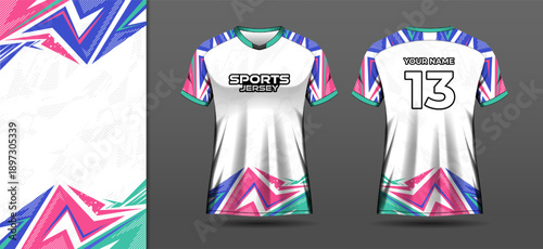 White sport jersey mockup with colorful abstract background