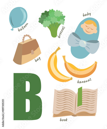 The letter B of the alphabet with examples. Illustrations of a banana, a child, a book, broccoli, and a bag. For teaching children and for reading picture cards for toddlers at school. Vector