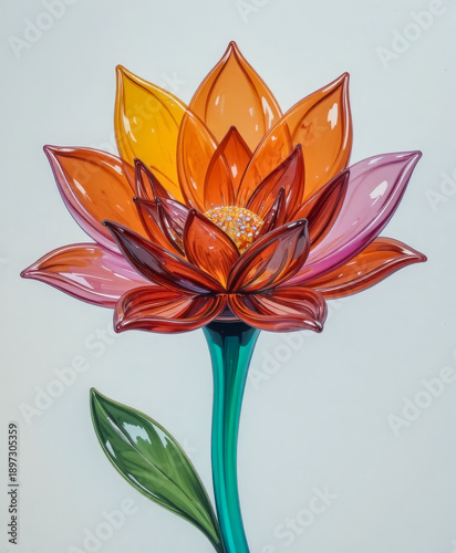 Orange pink lotus flower vibrant glass art detailed petals green stem white background