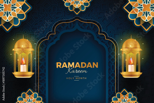 Ramadan Kareem Greeting Card with Golden Lanterns, Islamic Archway, and Geometric Star Patterns on Dark Blue Background