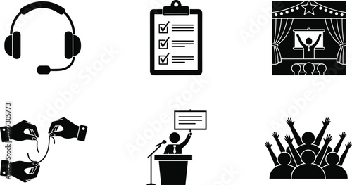 Communication icons, customer service headset, checklist planning, public speaking podium, teamwork collaboration, audience participation, business 