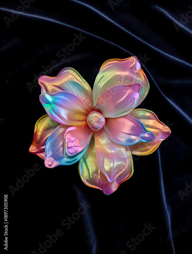 Iridescent flower ornament decoration on dark silk background