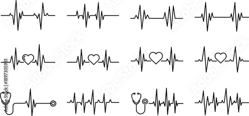 ECG icons, heartbeat line, stethoscope design, medical symbols, cardiology illustration, health care graphics, heart wave, hospital icon, wellness, diagnosis