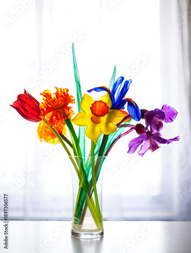 Vibrant hand blown glass floral bouquet in clear vase on white table