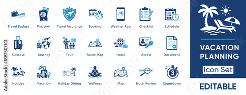 Travel and vacation planning icon set. Tourism, summer holiday, hotel, passport, budget and luggage symbols. Vector illustration collection.