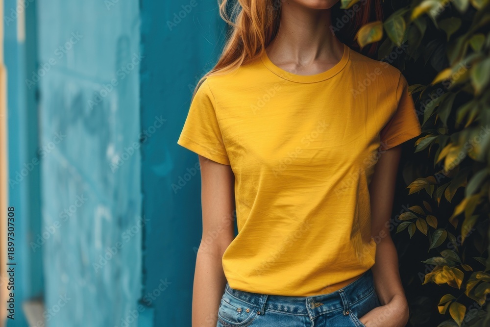 Fototapeta premium Young stylish woman wearing yellow t shirt and jeans is posing near the blue wall and green leaves