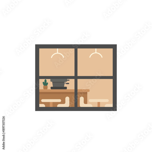 Flat Design Cafe Interior Through Window Illustration