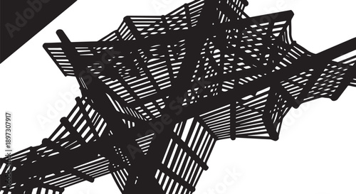 Geometric black lines forming abstract structure on white background