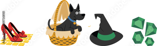 Wizard of Oz icons, red shoes, yellow brick road, Toto dog, witch hat, emerald crystal, fantasy design, magic, story, symbol