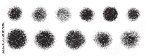 Gradient dissolve noise circles and dots collection. Dust grainy round shape with stipple effect. Hand drawn vector aerosol effect. Dotted grunge graffiti circles and round shapes. Dust texture.