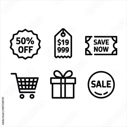 Shopping and Sale Icons Set with Discount, Price Tag and Cart Symbols