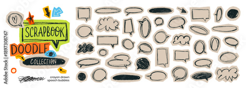 Craft scrapbook speech bubbles with crayon scribbles and pencil texture. Hand drawn outline dialogue bubbles with torn paper rough edges. Chat speech boxes, chalk drawn oval and clouds.
