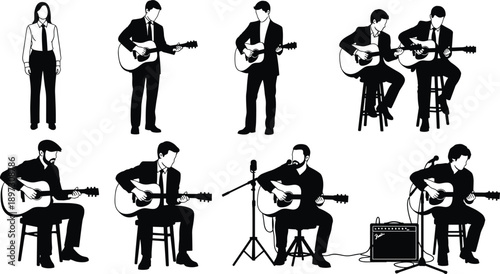 Black Silhouette Collection Of Professional Musicians Playing Acoustic Guitars, Featuring Solo Guitarists, Singers With Microphones, And Formal Performers For Musical Design