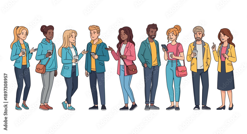 Fototapeta premium Line of young people standing and talking, flat cartoon character set isolated on white background