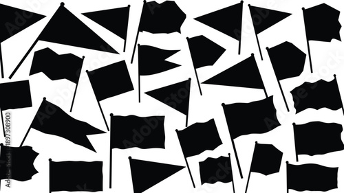 Black Silhouette Collection Of Various Flags Featuring Pennants, Rectangular Banners, Waving Flagpoles, Triangular Burgees, And Diverse Signal Shapes For Graphic Design