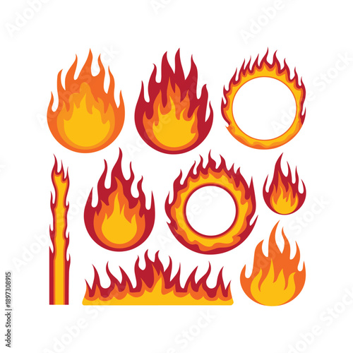 Fire Flames and Burning Frames Set in Flat Cartoon Style