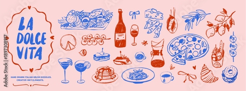 Crayon or brush drawn doodle sketch Italian brunch clipart set. Hand drawn food ink illustration with poster template. Doodle sketch whimsical mediterranean brunch, picnic or dinner illustration.