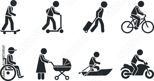 Diverse set of black icons showing people engaged in various activities like skateboarding, scootering, traveling with luggage, cycling, using a wheelchair, pushing a stroller, rowing, and riding a mo