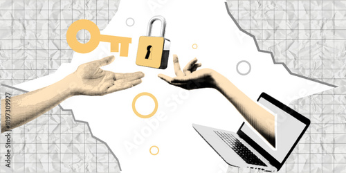 Halftone pop art hands holding smartphone and key with security padlock concept, vector illustration