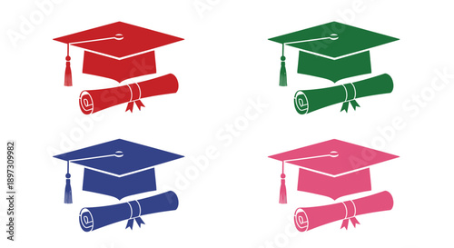 Graduation caps and diplomas in vibrant colors a symbolic representation silhouette