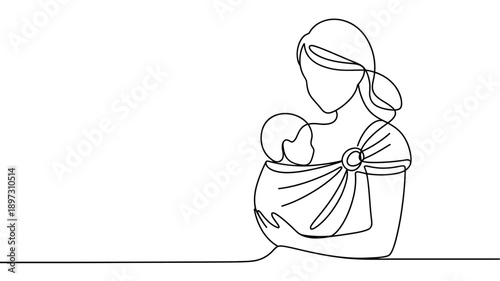 Simple line drawing of a mother holding her baby in a sling
