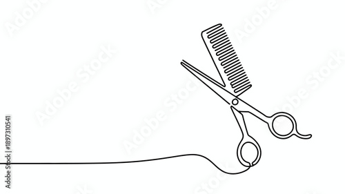 Minimalist continuous line drawing of barber scissors and comb