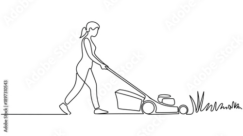 Woman mowing the lawn with a push mower in a simple line drawing style