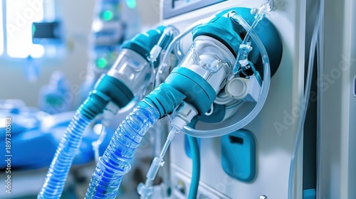 Close up of a modern medical ventilator machine with blue and teal tubing and connectors for patient respiratory support