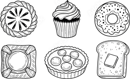 Delicious desserts and baked goods in black and white