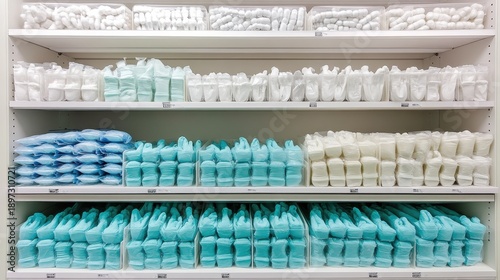 Shelves stocked with various sizes of disposable gloves in blue and white packaging for medical and industrial use