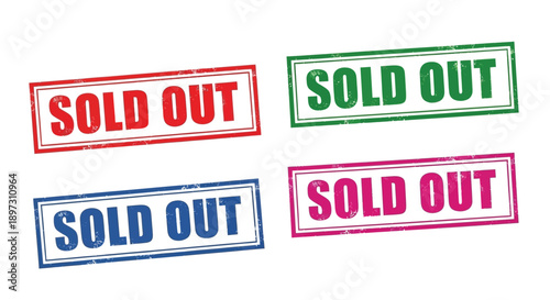 Four colorful sold out stamps rectangular design isolated on white background silhouette