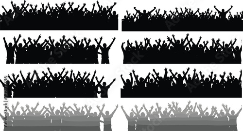 Large Collection of Cheering Crowd Silhouettes with People Jumping and Raising Hands in Celebration for Sports Events Concerts Festivals and Party Background Designs