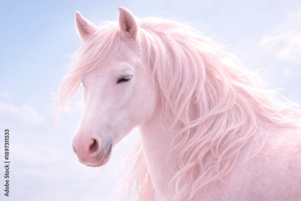 Obraz premium Majestic pink horse with flowing mane against blue sky background