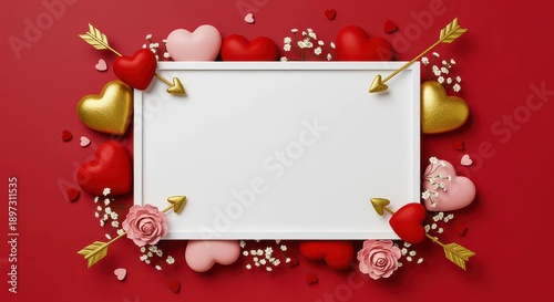 Valentine's Day themed white frame with hearts flowers and arrows on red background love