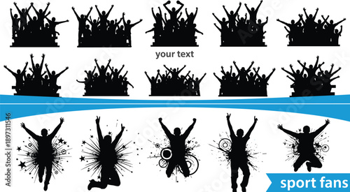 WebLarge Collection of Sport Fans Silhouettes Celebrating Victory with Joyful People Jumping Raising Hands and Cheering at Stadium Concert or Crowd Event Festival Design