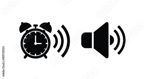 Alarm clock and speaker icons in a minimalist black and white silhouette