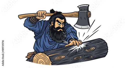 Bearded man with axe chopping wood log with determination, cartoon illustration