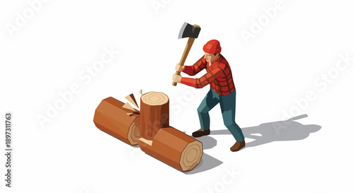 Lumberjack in red plaid shirt chopping wood with axe, isolated on white background, isometric illustration
